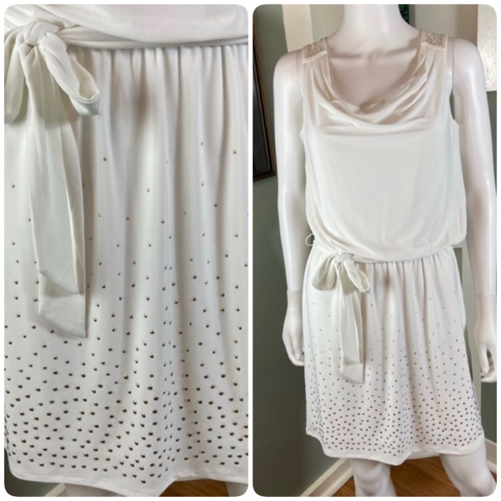 White House Black Market White Draped Studded Mini Dress Small S Belted WHBM